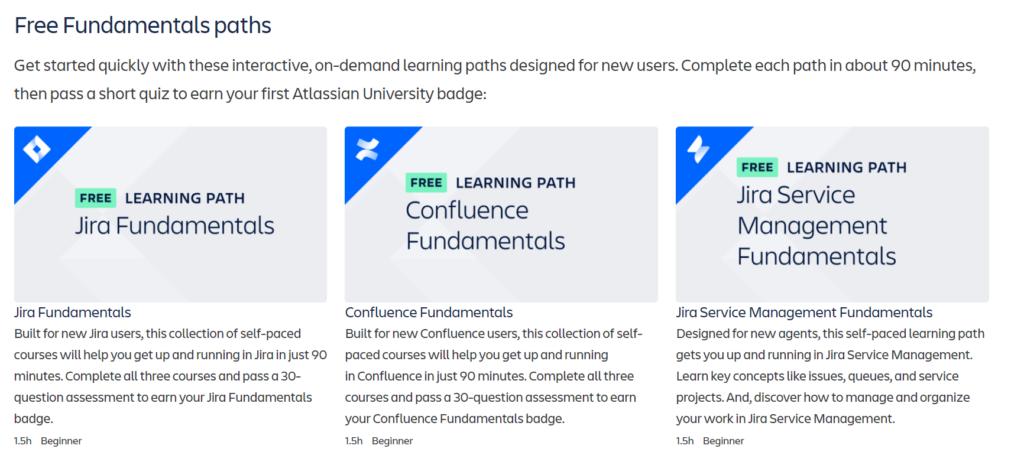 An example of fundamentals-based learning paths offered by Atlassian for customers who are getting started