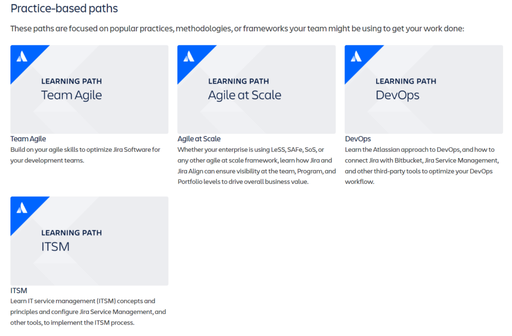An example of practice-based learning paths offered by Atlassian for customers who adopt a specific IT methodology at work