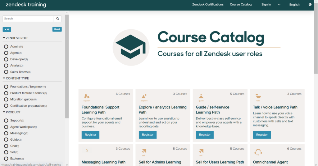 Zendesk's customized learning path — choose courses based on your role, preferred content type, product feature, and duration